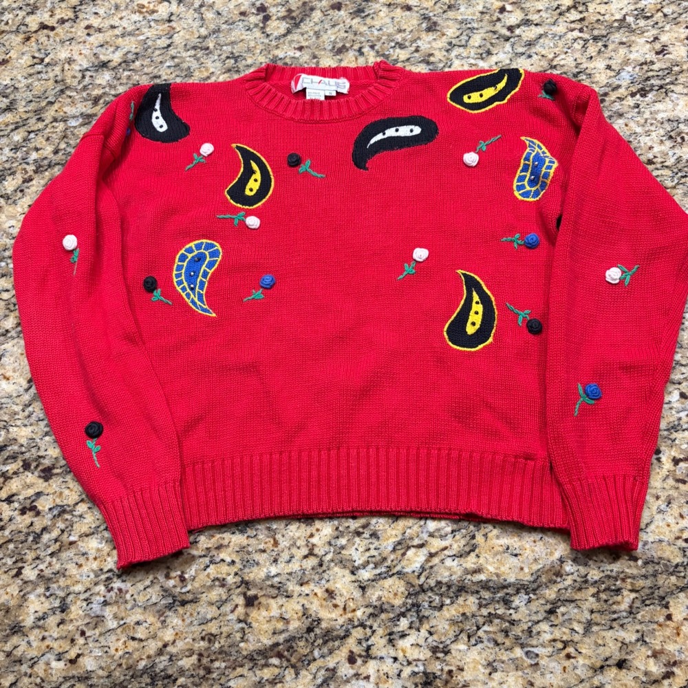 Vintage Chaus Red Embroidered Paisley Floral Ramie Cotton Sweater Small